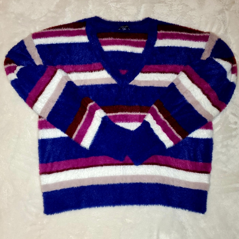 Splendid Striped Fuzzy V-neck Dolman Sweater